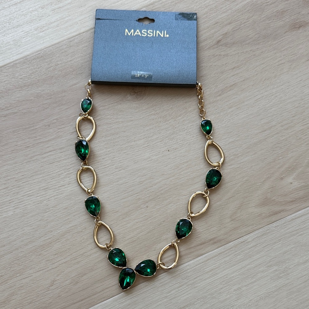 Massini Gold-Tone Necklace with Emerald Green Teardrop Stones